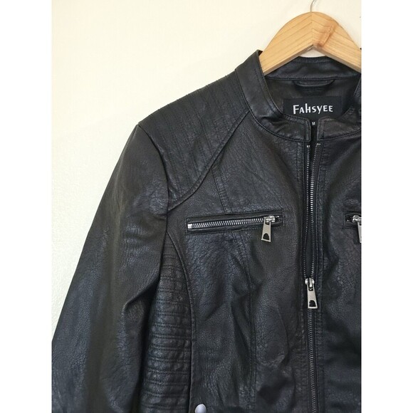 Fahsyee Black Faux Leather Biker Jacket Womens Size Medium Grunge Moto - Picture 5 of 9